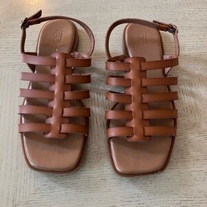 Elegant Tan Faux Leather Strappy Sandals | Gladiator Style Size 8